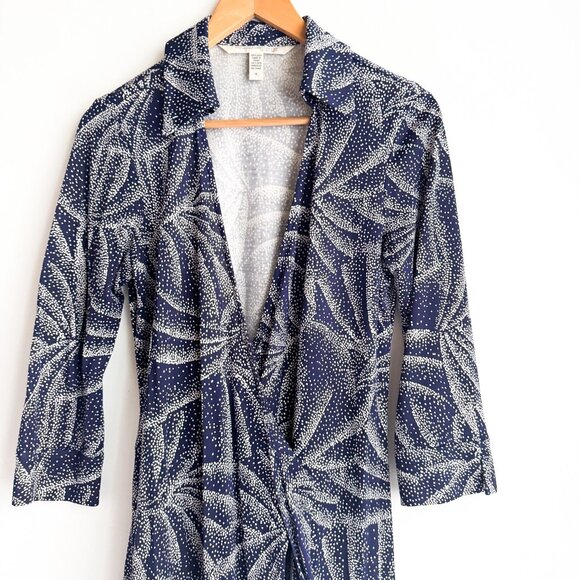 Diane Von Furstenberg Navy and White Leaf Print Midi Dress - Picture 2 of 7